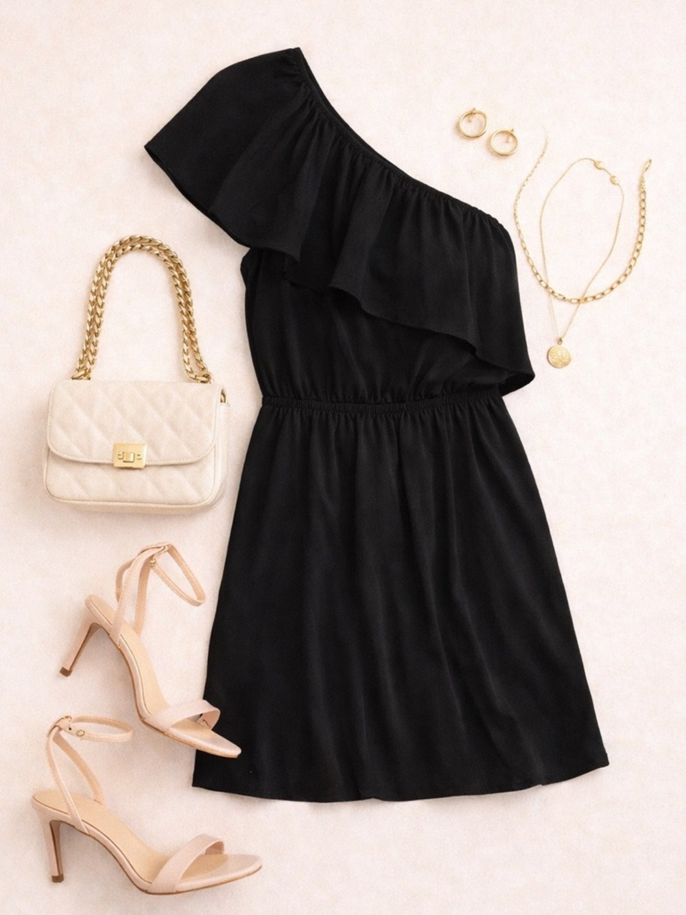 Express One Shoulder Black Mini Dress Ruffle Skater LBD Cocktail Wedding Guest